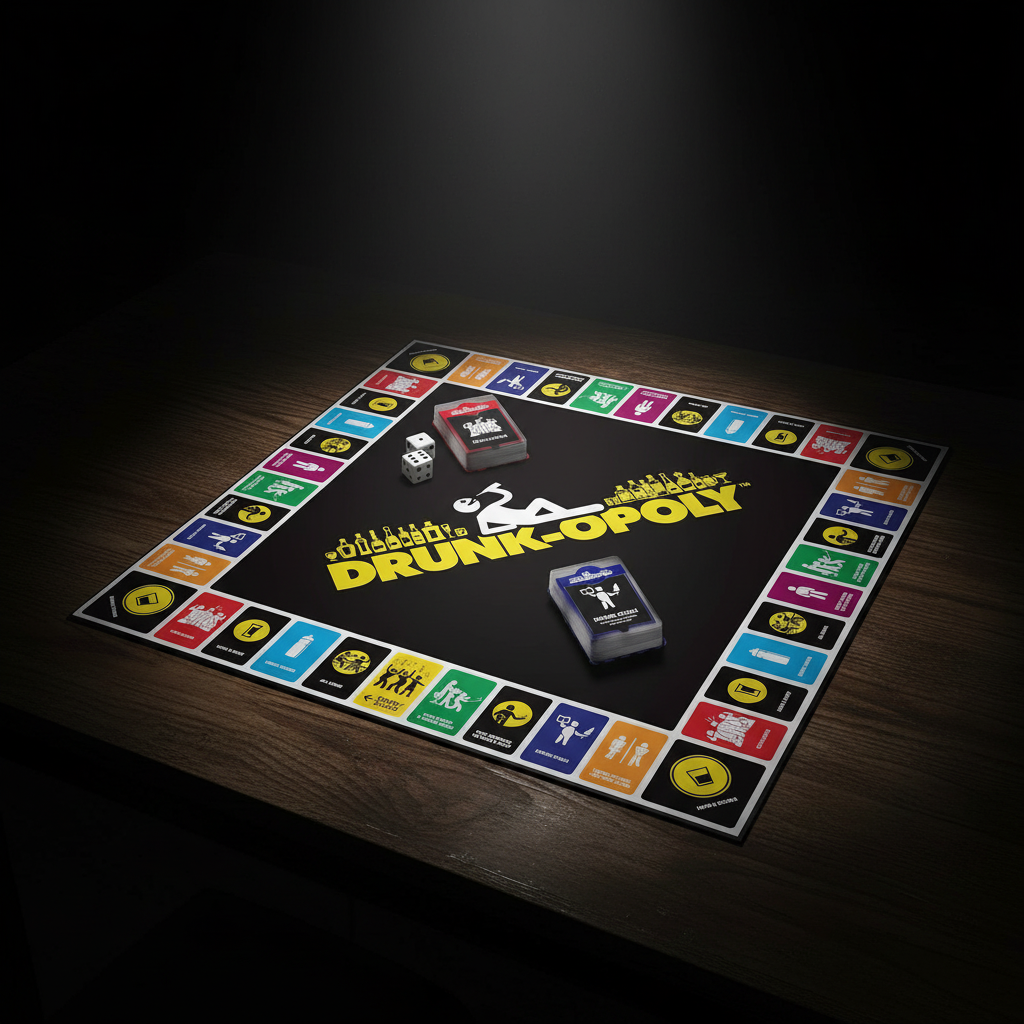 Drunk-Opoly Board on Dark Wood Table