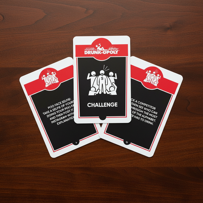 Drunk-Opoly Cards on Dark Mahogany Wood